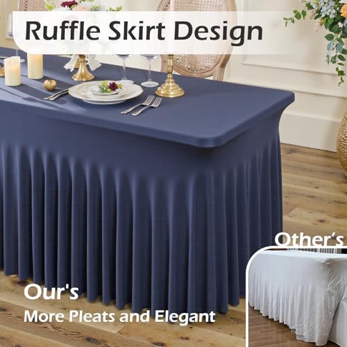 2 pk Navy Blue Spandex Tablecloth 6ft With Ruffle Table Skirt, Wrinkle Free Stretchy Fitted Tablecloths for 6 Foot Rectangle Tables, Elastic Spandex Table Covers 6ft for Weddings Parties Banquet Craft - Image 2