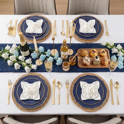 WDF 100pcs Blue Plastic Plates - Baroque Blue&Gold Disposable Plates for Parties/Wedding-50Plastic Dinner Plates 10.25in, 50Salad Plates 7.5in for Party/Birthday/Wedding/Independence Day/Father's Day - Image 5