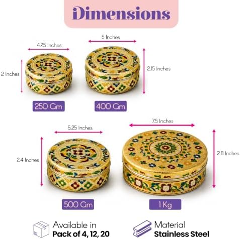 LOVENSPIRE Meenakari Stainless Steel Storage Box with Lid (500gm) Decorative Round Indian Food Container for Sweets, Kitchen Items & Return Gift Favors Pack of 12 - Image 3