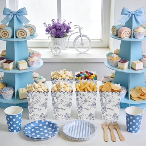 Kuabiz 60 Pcs Blue Floral Popcorn Boxes with Scalloped Chinoiserie Flowers Paper Candy Boxes Disposable Blue Popcorn Bowls Cookie Containers for Wedding Bridal Baby Shower Tea Spring Party Supplies - Image 5