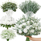 Serwalin 120 Pcs Mixed Eucalyptus Greenery Stems, White Roses, Babys Breath by Serwalin