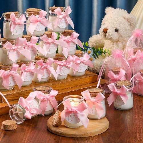 Threlaco 20 Pcs Pink Bow Baby Shower Favor Candle Glass Jar by Threlaco
