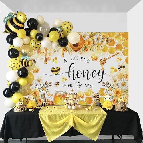 Mocsicka Bee Baby Shower Backdrop - A Little Honey is on The Way Party Decorations Banner for Kids Honeycomb Bumble Bee Photography Background (Yellow, 10x7ft(120"x82")) - Image 5