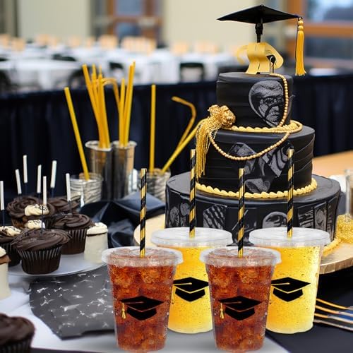 Whaline 50Pcs 12Oz Graduation Disposable Plastic Cups with Lids and Straws Black Graduation Cap Cold Beverage Drinking Cups for Congrats Grad Party Supplies - Image 5
