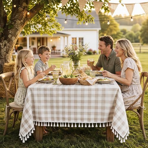 Beige Gingham Tablecloth Rectangle, Cotton Linen Checkered, 55x120 Inch - Image 7