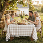 Beige Gingham Tablecloth Rectangle, Cotton Linen Checkered, 55x106 Inch - Image 7