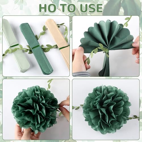2Pcs Sage Green Tissue Paper Pom Pom Garlands Sage Green Flower Leaves Banner Hanging Paper Flower Garlands for Birthday Baby Shower Boho Wedding Engagement Bridal Shower Party Decor 8.2ft (Pack of 3) - Image 4