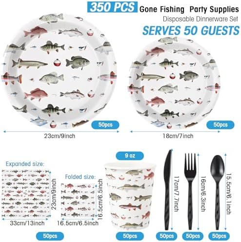 Ziliny 350 Pcs Fishing Party Supplies Tableware Set Disposable 9'' 7'' Paper Plates 9 oz Cups Cutlery Napkins Dinnerware Set for 1st Birthday, Serve 50 (Fishing Birthday, White, Red) - Image 2