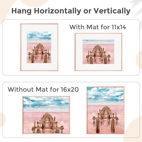 FLYJOE 16x20 Metal Picture Frame For Wall With Mat For 11x14, 16''x20'' Aluminum Photo Frames With Tempered Glass, Minimalist Modern Poster Frame Horizontal And Vertical Formats, Rose Gold - Image 4