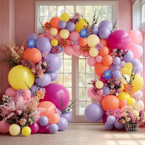 Hot Pink Purple Balloon Arch Double Stuffed Balloons with Artificial Flowers Eucalyptus Leaves Pastel Yellow Peach Magenta Latex Garland for Wildflower Birthday Wedding Floral Tropical Party Decor - Image 2