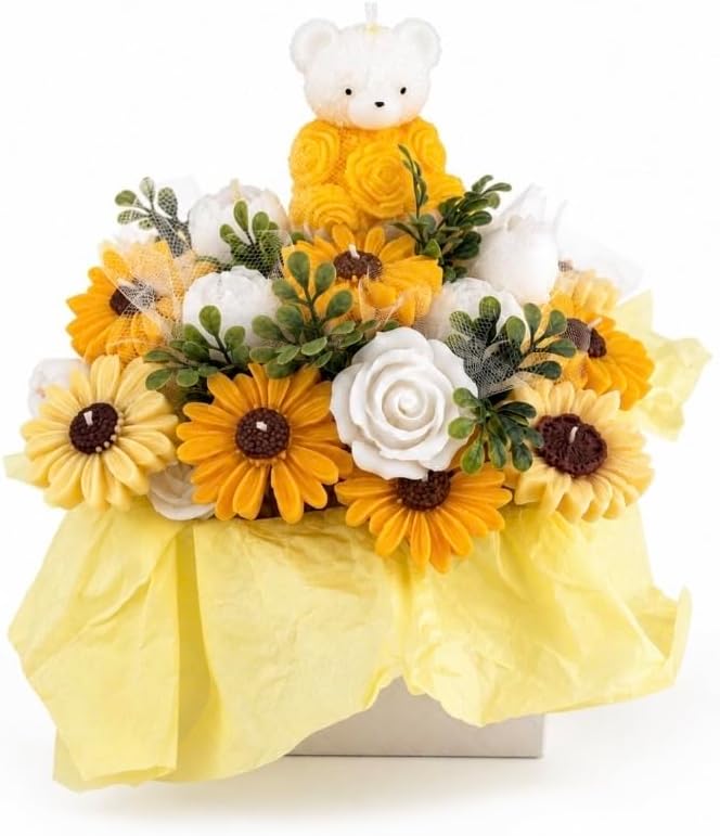 Handmade Sunflower Candle Bouquet with Teddy Bear Candle – Unique Gift for Women, Birthday, Baby Shower, Mother’s Day & Special Occasions by Unknown