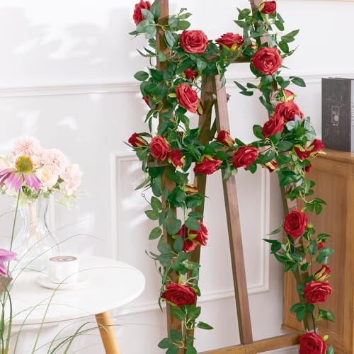 U'Artlines 5 Pack Artificial Red Rose Garlands Flower Vines 32.5 ft - Image 4