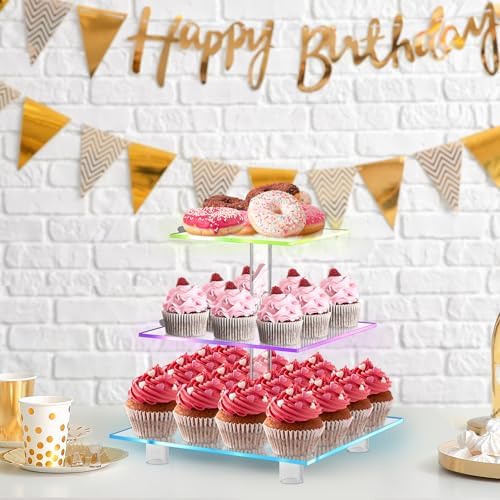 Cupcake Stand for 24 Cupcakes, 3 Tier Cupcake Holder with Rechargeable LED, 7 Colors Light Cupcake Tower, Acrylic Dessert Table Display Set for Weddings, Christmas, Birthday, Parties - Image 4