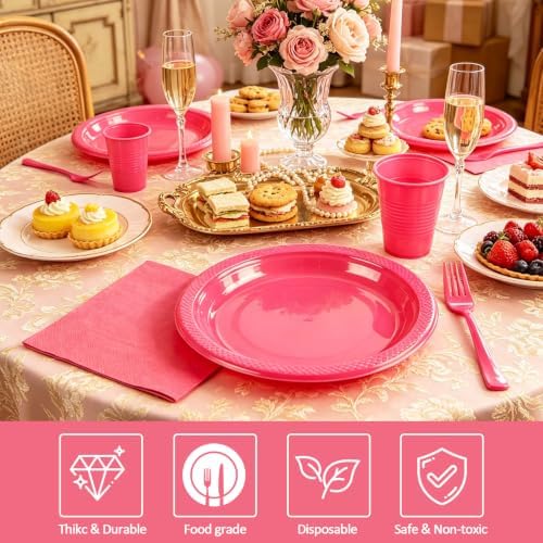 200pcs Hot Pink Plastic Party Plates Set, Disposable Pink Plates and Napkins for Party, 50 of Each 9" Dinner Plate, Napkins, Cups & Cutlery Plastic Party Supplies for Birthday, Baby Shower, Wedding - Image 3