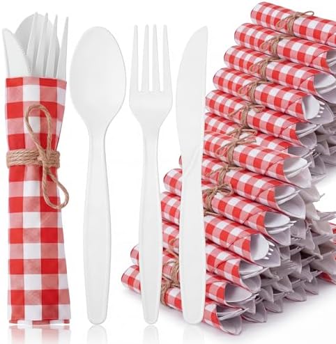 400 Pcs BBQ Party Supplies Red White Gingham Disposable Tableware by Lanties