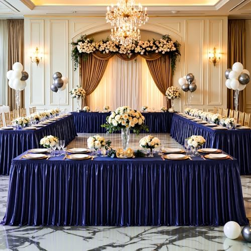 Wish Care 21ft Navy Blue Satin Long Table Skirt for Rectangle Tables Wrinkle Free Teacher Desk Skirt Glitter Ruffle Table Skirting Cloth for Back to School Classroom Office Birthday Party Table Decor by WishCare