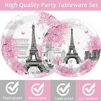 Naozinebi 200pcs Paris Eiffel Tower Plates Napkins Parisian Party Paris European City Tableware Set Landscape Pink Dinnerware Paper Tableware Bundle Baby Shower Decor Supplies Serve 50 - Image 3