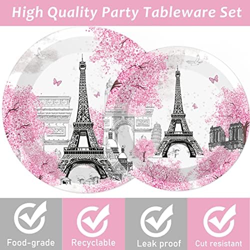 Naozinebi 200pcs Paris Eiffel Tower Plates Napkins Parisian Party Paris European City Tableware Set Landscape Pink Dinnerware Paper Tableware Bundle Baby Shower Decor Supplies Serve 50 - Image 3