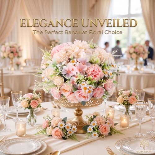 Tigeen 6 Bundles Artificial Flowers Bouquet for Wedding, Pink Champagne - Image 3