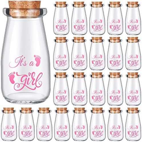 Patelai 24 Packs Baby Shower Favor Milk Jar Vintage Milk Jar for Girls Glass Bottle with Cork Lids It's a Girl Favor Bottles Jars for Decorations Guests Souvenirs Centerpieces(Pink Girl Style) by Patelai