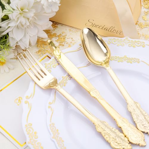 DaYammi 150Pcs White Gold Plastic Plates & Gold Plastic Silverware Set - Image 2
