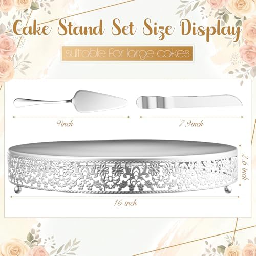 Wenqik 16 Inch Silver Cake Stand Set Metal Round Cupcake Dessert Stand with Cake Cutting, Flower Spatula Wedding Cupcake Pastry Display Candy Holder Display for Wedding Party Birthday Baby Shower - Image 2