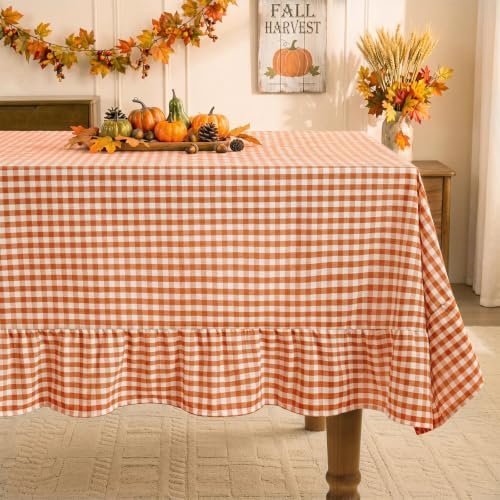Romanstile Fall Gingham Ruffled Tablecloth Rectangle, 60 x 102 Inch Orange by Romanstile