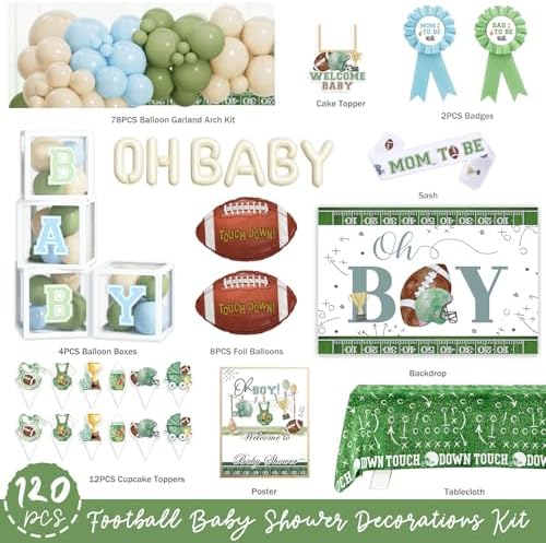 Football Baby Shower Decorations Kit, American Football Baby Shower Supplies, Touchdown Oh Boy Backdrop, Pastel Balloon Garland, Boxes for Boys Party Theme - Image 2