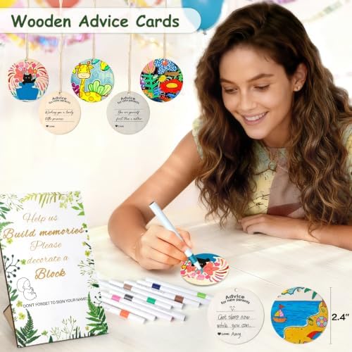 144 Pcs Baby Shower Game Sign Kit, Baby Shower Blocks Games Sets, Includes 50 DIY Blank Wooden Blocks, 41 Stencils, 36 Paint Markers, 15 Advice Cards, 1 Storage Box and 1 Wooden Sign - Image 6