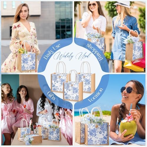 Abbylike 12 Pcs Floral Gift Bag Small Flower Tote Bag,Blue Flowers - Image 3
