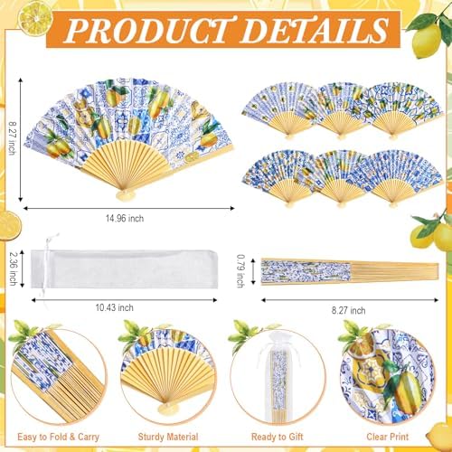 Briwooody 48 Set Amalfi Coast Lemon Hand Folding Fan with Organza Bag Bulk - Image 2