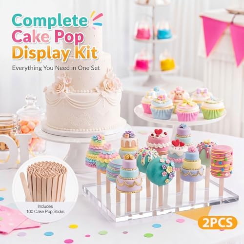 Geetery Cakesicle Stand Display Acrylic Cake Pop Stand Reusable Cake Pop Holder Clear Lollipop Holder and 100 Pcs Wood Ice Cream Sticks for Birthday Wedding Baby Shower Parties Dessert Table - Image 4