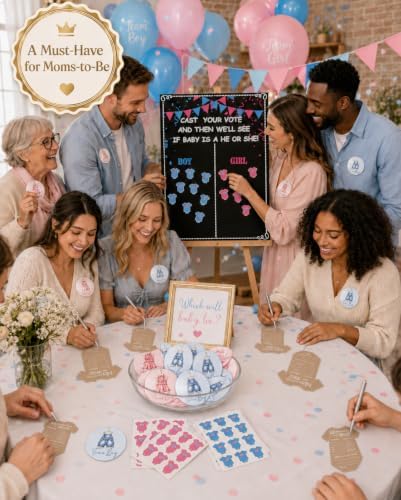 Gender Reveal Games For Guests 180 Pack All-in-One Voting Game Kit, Team Boy or Girl Pins, Stickers, Poster and Baby Prediction Cards for Baby Shower Party Guests - Image 2