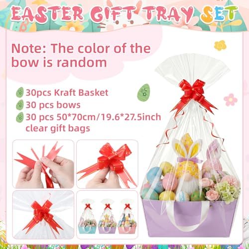 Tuanse 30 Pcs Basket for Gift Empty DIY Bulk Gift Basket Kit with Handle Kraft Cardboard Tray with 30 Bag 30 Bow Market Tray for Wedding Party, Pastel, 9.8 x 6.7 x 4.3 in - Image 3