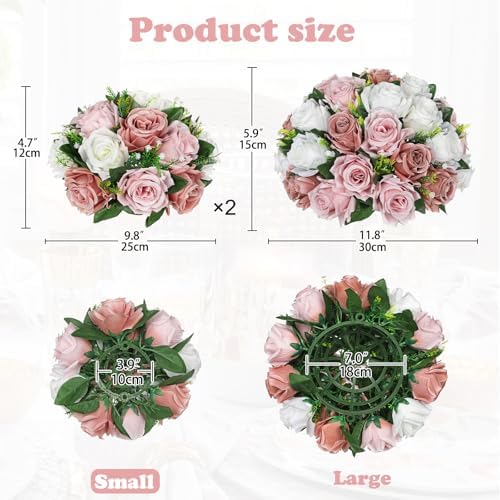 Briful Artificial Flower Balls for Table Centerpieces – 2PCS 8.6" Silk Rose Floral Arrangement Fake Floral Bouquet for Wedding Parties Baby Showers DIY Event Home Decor(Dusty Pink) - Image 2