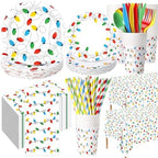 Funnymoom 452 Pcs Christmas Party Decorations for 50 Guests, Colorful Christmas Lights Paper Plates Napkins Cups Tablecloth Cutlery Straws Disposable Tableware Set for Xmas Holiday Party Supplies by Funnymoom