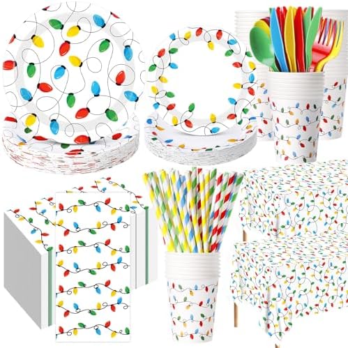 Funnymoom 452 Pcs Christmas Party Decorations for 50 Guests, Colorful Christmas Lights Paper Plates Napkins Cups Tablecloth Cutlery Straws Disposable Tableware Set for Xmas Holiday Party Supplies by Funnymoom