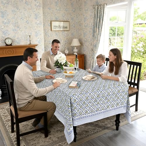 Ridhi Light Steel Blue Hand Block Print Cotton Tablecloth 70 x 108 Inch - Image 3