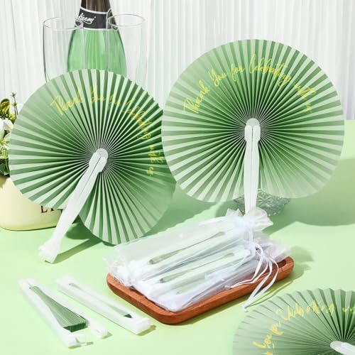 Suzile 50 Pcs Wedding Paper Fans Round Handheld Folding Fans Foldable Fans for Wedding with Plastic Handle and Yarn Bag Thank You for Celebrating with Us for Anniversary Guests Party (Sage Green) - Image 4