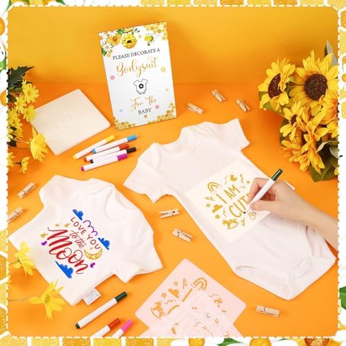 Panitay 126 Pcs Baby Shower DIY Bodysuit Set Bib 25 Blank White Newborn Bodysuit 25 Stencils 24 Marker 1 Sign 50 Pins(Bee) - Image 6