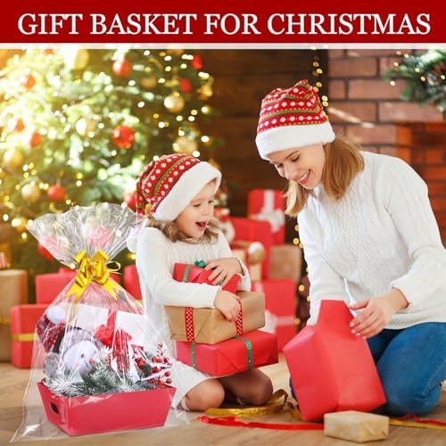 AFOROEOA 10PACK Baskets For Gifts Empty, 10 x 8”Thick Red Gift Basket with 10 Clear Gift Bags and 10 Pull Bows, Empty Gift Baskets for Christmas, Thanksgiving Wedding Birthday Party Wrapping Gift - Image 7