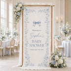 Welcome Blue Floral Toile Bow Baby Shower Welcome Banner by Custom