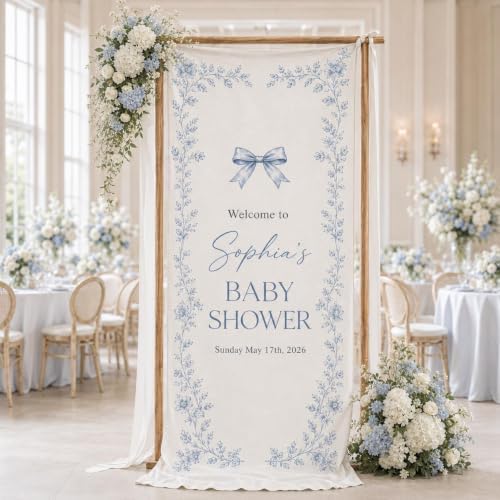 Welcome Blue Floral Toile Bow Baby Shower Welcome Banner by Custom