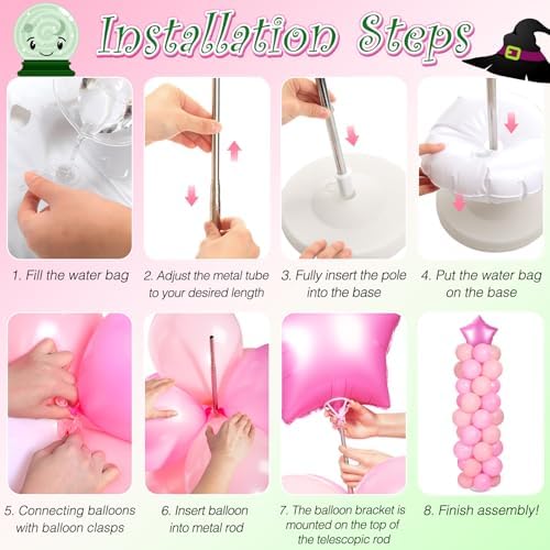 Lunmon Pink and Green Party Decorations Pink and Green Balloon Column Stand Kit, Star Witch Hat Balloon Set for Princess Witch Themed Birthday Party Baby Shower Trunk or Treat Decor Supplies - Image 4