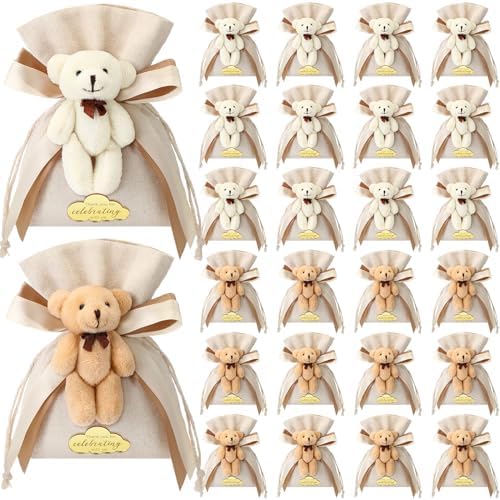Shinylin 24 Pcs Bear Gift Bag Bulk for Baby Shower Guest Favor 5.3 x 7.1 Inches Candy Cute Plush Bear Drawstring Bag with Bow Thank You Acrylic Sign for Baby Boy Girl Party Decorations(Beige) by Shinylin