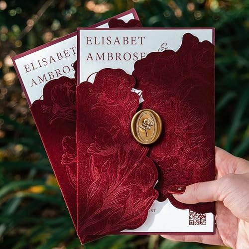 Burgundy Velvet Wedding Invitations, Elegant Flower Laser Cut Invitation with QR Code, Luxury Gold Wax Seals, Customizable Tri Fold Invitations Card (25pcs Blank Invitation) by YaboQuirkCraft