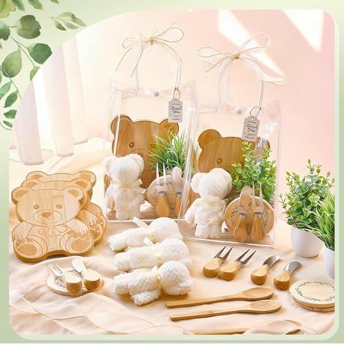 90Pcs Baby Shower Prizes for Game Winners Bamboo Cheese Board Fork Butter Spreaders Coasters Towel Artificial Potted Plant Gift Bag for Baby Shower Bridal Shower Favors (10 Sets, Bamboo Bear Shaped) - Image 2