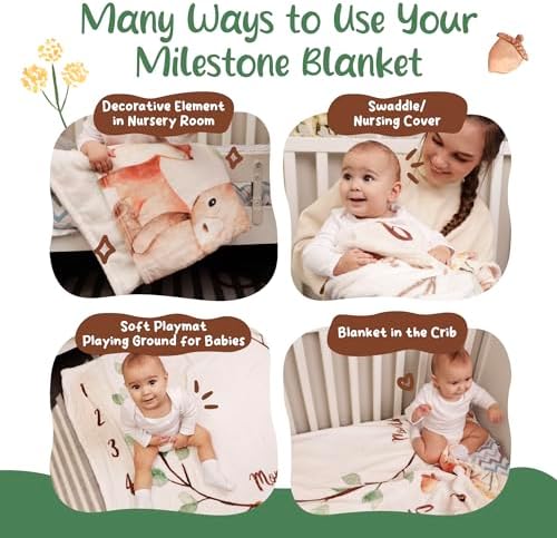KooKooBaby Baby Monthly Milestone Blanket - 47x47 Premium Fleece Milestone Blanket for Baby Girl and Boy - Woodland Animals Monthly Baby Milestone Photo Background with Felt Circle Marker - Image 4