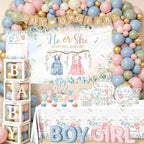 Gender Reveal Decorations,271pcs Greenery Boy or Girl Gender Reveal Plates and Napkins Cups Banner Backdrop Tablecloth Cake Topper Balloon for He Or She Gender Reveal Decorations - Image 4