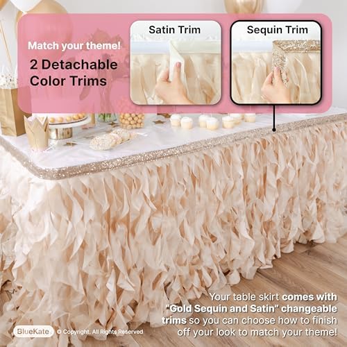 Champagne Gold Table Skirt 9ft. Double Organza, Two Trims Party Tutu Table Skirt! Wedding Decorations Rustic Theme, Graduation, Gold Party Decorations. Table Skirts for Rectangle Tables 9ft - Image 3